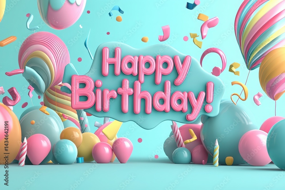 Bright and cheerful design features pastel-colored balloons, candies, and playful shapes surrounding a joyful birthday greeting. This vibrant display evokes a sense of fun and celebration.