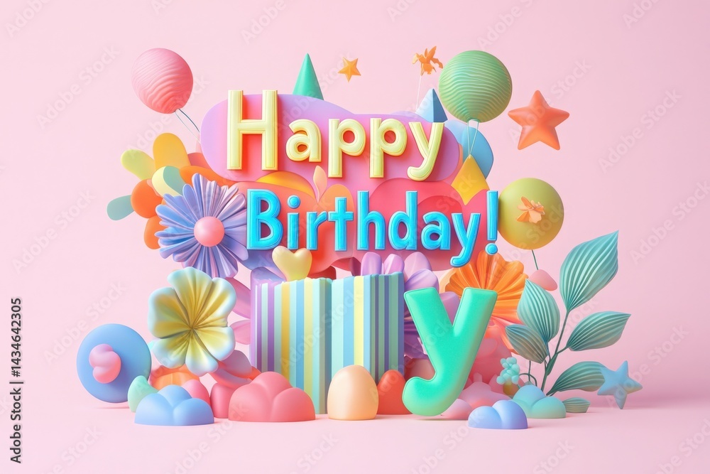 A vibrant birthday decoration features a joyful arrangement of colorful flowers, balloons, and a wrapped gift. The festive atmosphere is designed to celebrate a special day with fun and excitement.