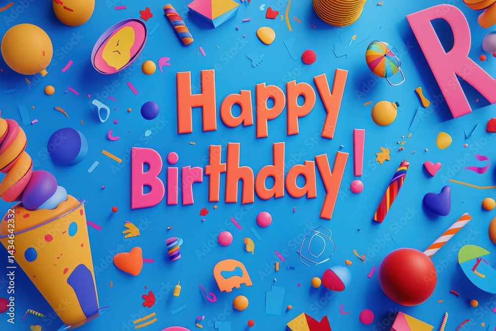 Bright decorations adorn a blue background for a birthday party. Colorful letters spell out Happy Birthday! alongside playful elements like balloons, confetti, and treats, creating a joyful ambiance.