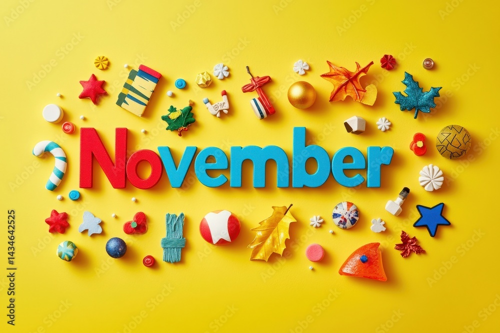 Bright, cheerful decorations create the word November on a vivid yellow background. Various colorful elements include stars, leaves, and candies, showcasing a festive atmosphere.