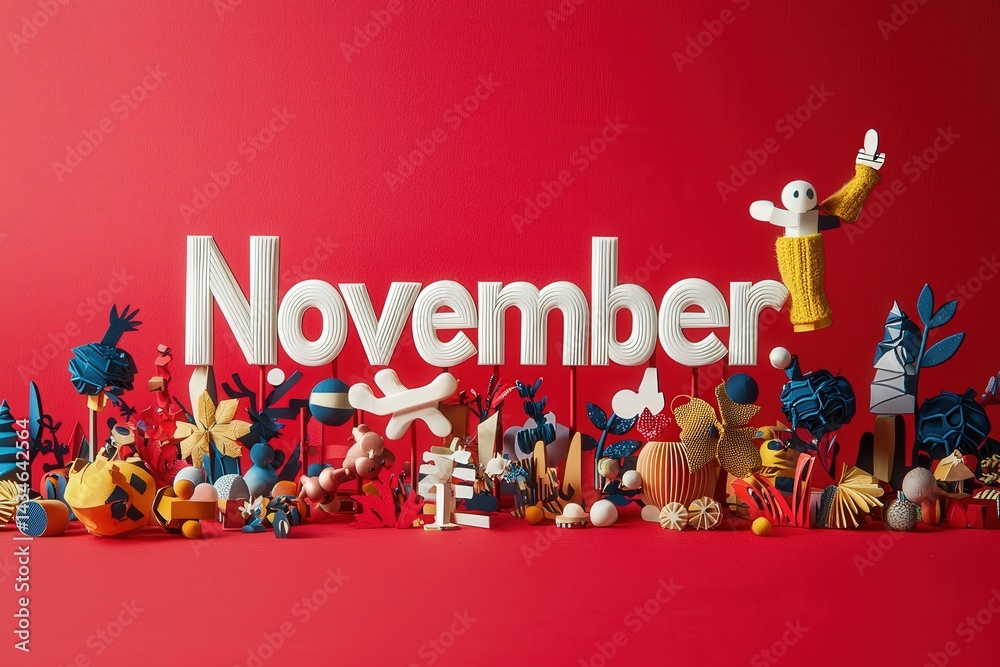 A vibrant arrangement features the word November in bold letters.