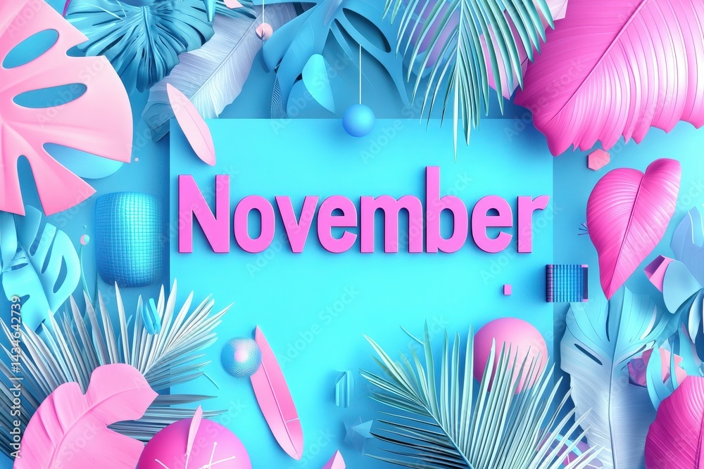 A vibrant November-themed design displays bold pink letters amidst a lively arrangement of tropical leaves and abstract shapes in blue and pink.