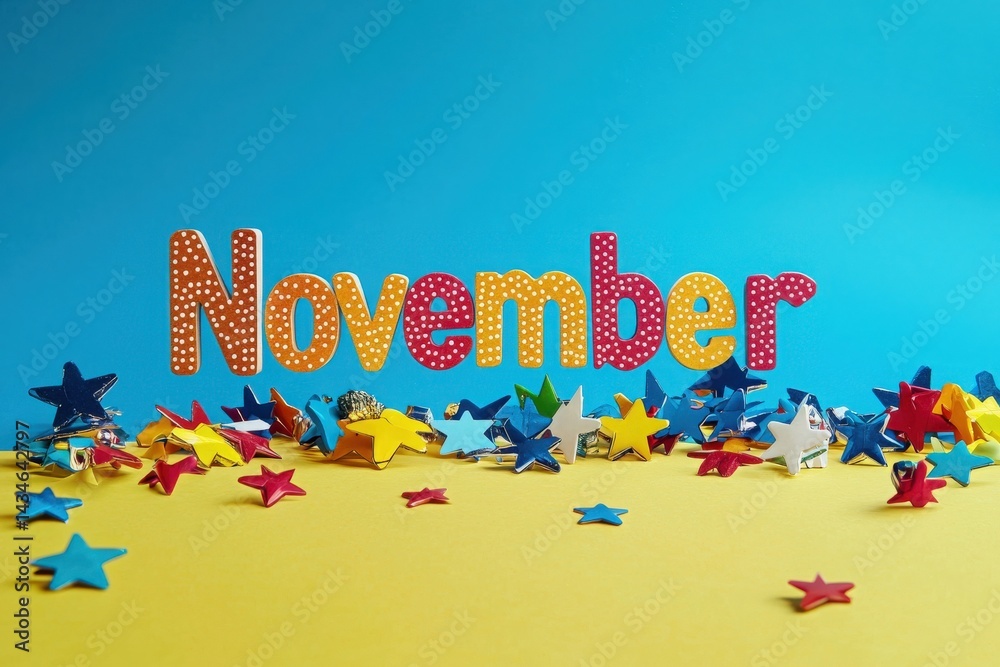 Brightly colored letters spell out November against a blue backdrop.