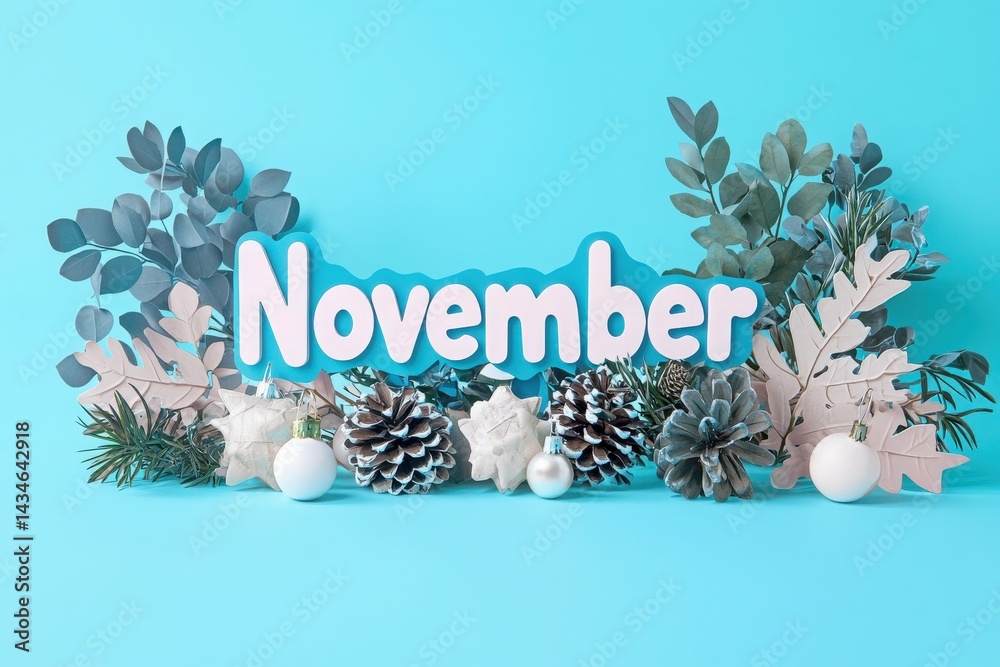 This display showcases the word November in bold letters, surrounded by various natural elements like pinecones and leaves, all set against a bright blue backdrop.