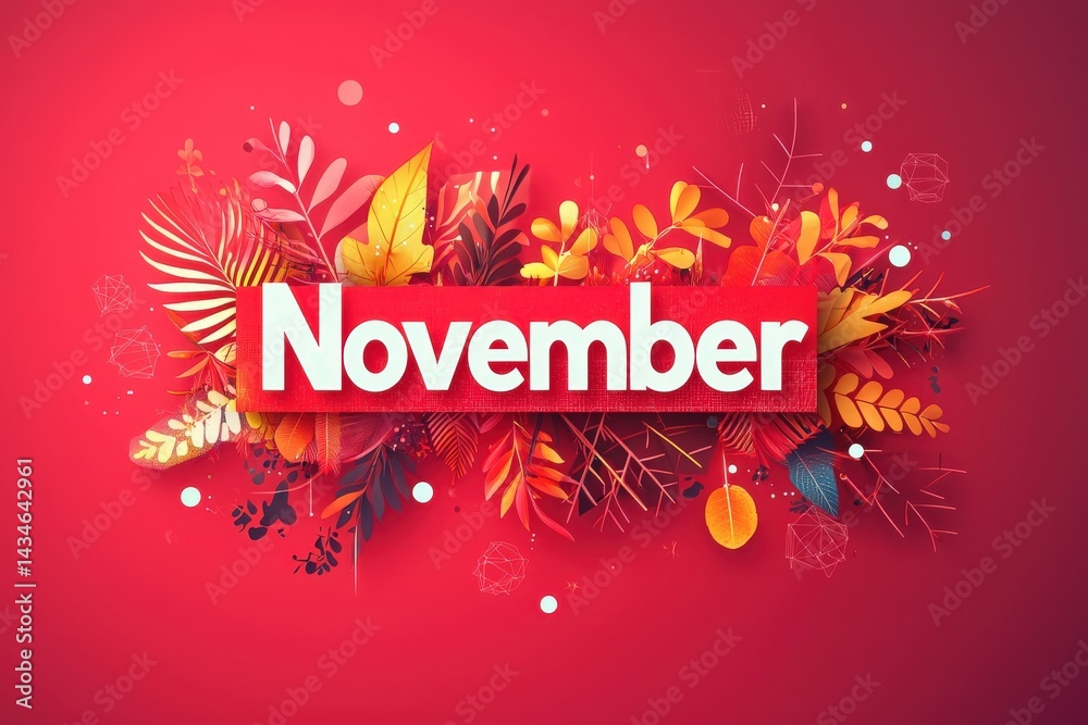 Bright red background showcases the word November in bold letters, surrounded by a variety of colorful autumn leaves and decorative elements symbolizing the fall season.