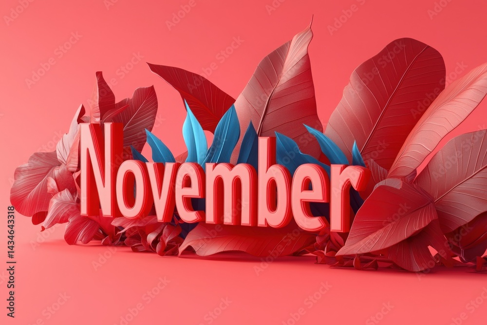 Decorative text of November stands prominently among rich red and blue leaves on a bright background. The arrangement highlights the beauty of autumn while celebrating the month.