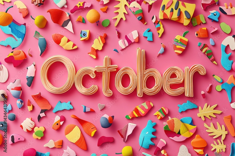 A variety of playful shapes and colorful decorations surround the word October, all set against a bright pink background. The composition captures the festive spirit of the season.