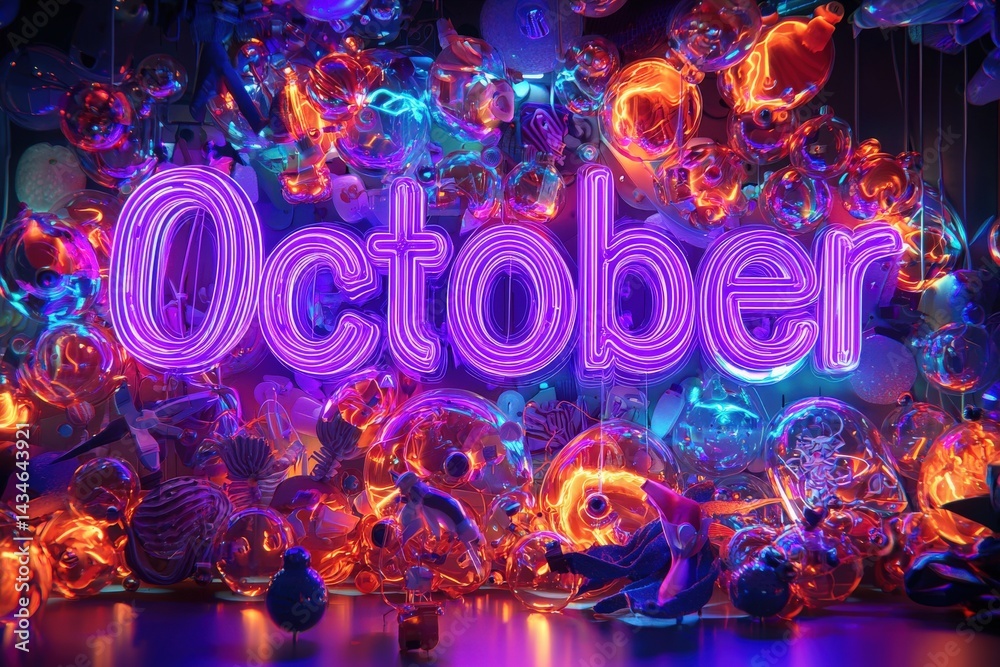 A vibrant neon sign spelling October stands out against a colorful collage of decorative items. Various shapes and hues create an eye-catching atmosphere perfect for seasonal celebrations.