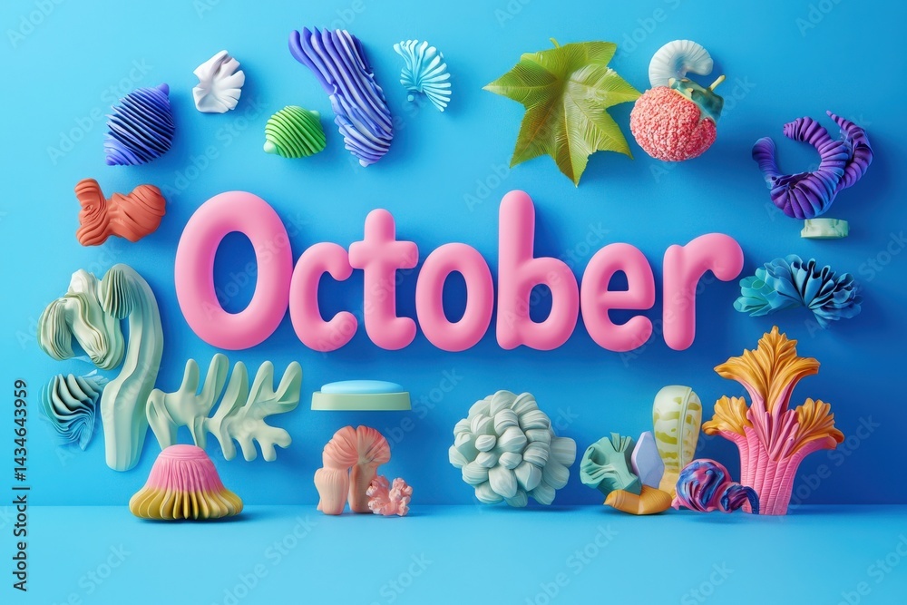 Bright pink letters spell out October, surrounded by various whimsical, textured shapes in vibrant colors, set against a smooth blue backdrop, showcasing a festive autumn theme.