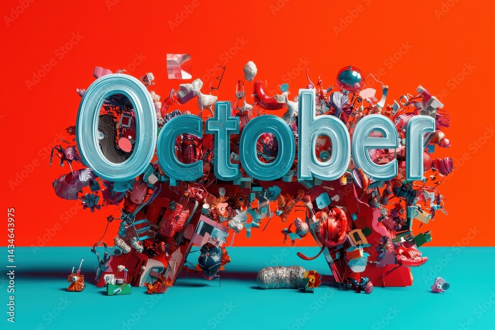 Colorful decorations celebrate the month of October with various whimsical objects, creating a lively atmosphere. The vivid backdrop enhances the festive mood, showcasing creativity and fun.