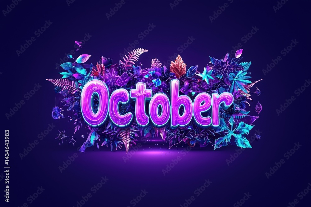 Colorful October lettering stands out against a deep purple background, surrounded by various leaves and flowers. The design captures the essence of autumn with a modern twist.