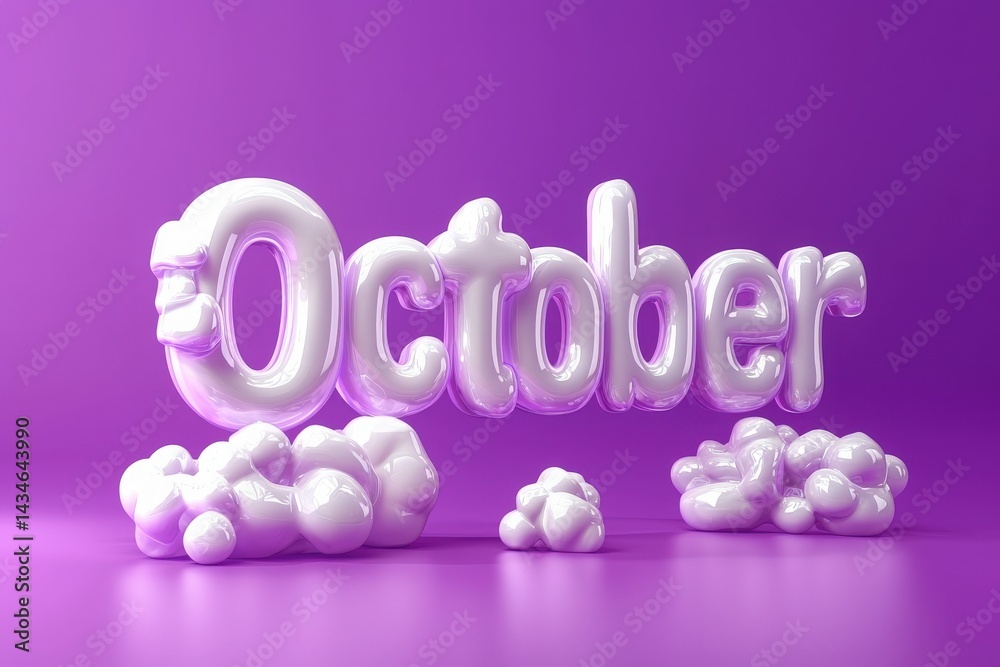 This artwork features large, glossy text spelling October in white against a rich purple backdrop. Fluffy cloud-like shapes surround the text, enhancing the whimsical vibe.
