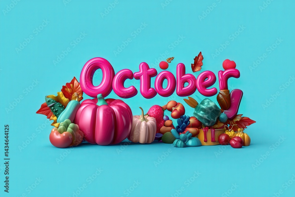 Brightly colored decorations for October showcase various pumpkins, candy, and autumn leaves against a vibrant blue background.