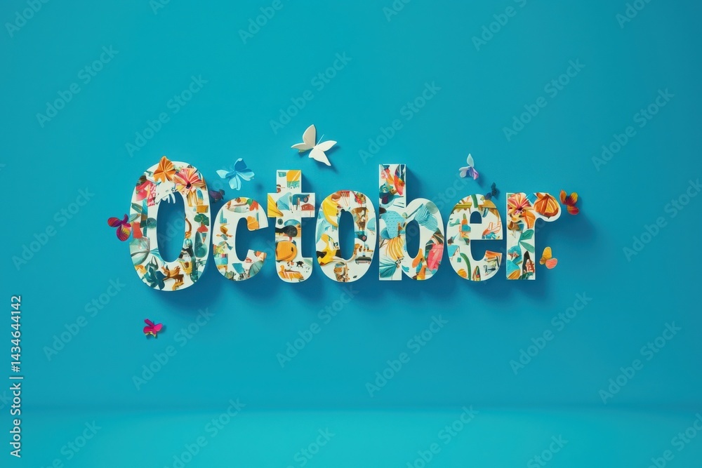 Bright blue backdrop features the word October, filled with floral patterns and surrounded by butterflies. This artistic display captures the essence of autumn and seasonal change.