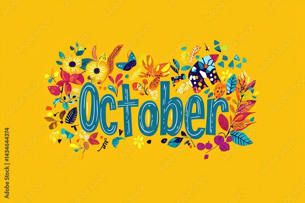 A cheerful design showcases the word October in bold letters surrounded by an array of colorful leaves, flowers, and whimsical elements on a vivid yellow background. Perfect for seasonal themes.