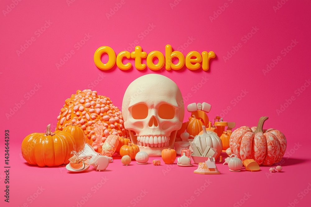 A vibrant Halloween display features an oversized skull, various pumpkins, jars of candy, and playful decorations.