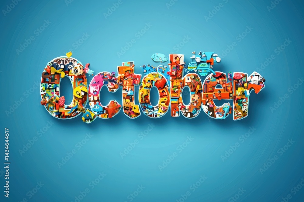 This vibrant design showcases the word October, filled with an array of illustrations representing autumn themes, festivities, and seasonal activities set against a bright blue background.