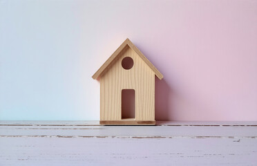 Aufkleber - a small wooden house figurine stands centered against a two-toned pastel background, creating a mini
