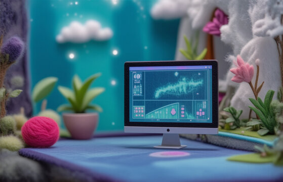 Miniature desktop computer displays a futuristic interface in a whimsical, fantastical landscape.  Surrounded by miniature plants, yarn, and a dreamy backdrop.