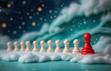 Aufkleber - A line of chess pieces sits atop fluffy clouds in a dreamy, night sky setting. One stands out, a striking red color. Hints of light sparkle above.