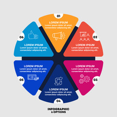 Poster - Infographic circular diagram with 6 options. Round chart that can be used for business analytics, data visualization and presentation. Vector eps