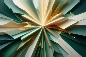 Aufkleber - Abstract radial design featuring folded paper layers in green, beige, and white. Creates a starburst or explosion effect with depth and texture.