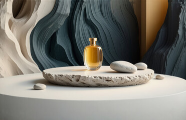 Aufkleber - elegant perfume bottle on stone platform. neutral tones and textured backdrop create a sophisticated