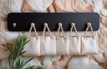 Aufkleber - image description: a black rack holds 5 small, neutral-colored tote bags with rope handles, hung aga