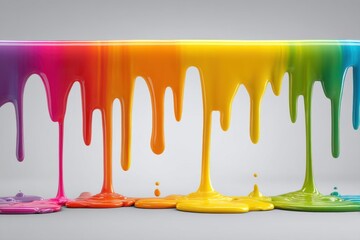Poster - A vibrant display of colorful paint cascading downwards, a spectrum of hues blending to create an abstract, liquid art masterpiece against a plain light gray backdrop.