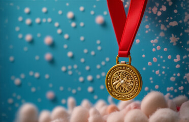 Aufkleber - a golden medal with a red ribbon hangs against a blue backdrop with white objects. the objects hint 
