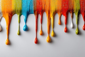 Poster - Vibrant and colorful paint dripping down a white surface, creating a mesmerizing effect with bright, dripping paint in rainbow colors for artistic background.