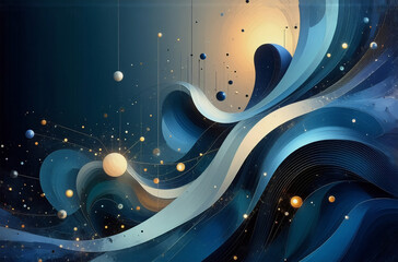 Aufkleber - Abstract image of swirling blue waves and golden spheres against a dark backdrop, creating a dreamy, cosmic feel with light and shadow play.