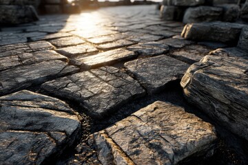 Poster - Sunlight reflecting off of cobblestone path, creating a golden glow at sunset, stone pathway, with rocks, texture, and architecture in the background.
