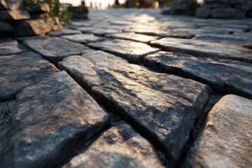 Poster - A close-up of a cobblestone path with warm light, creating a textured and inviting surface for exploration and walking, with vintage and natural feel.