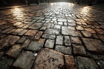 Poster - A close-up view of a wet cobblestone street, reflecting the soft light of the city, creating a textured and atmospheric scene, with a romantic urban feel.