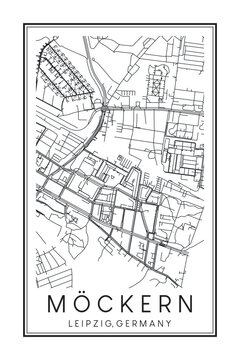 Hand drawn printable downtown road map poster of borough MÖCKERN of the German city of LEIPZIG on solid white background with city name