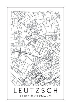 Hand drawn printable downtown road map poster of borough LEUTZSCH of the German city of LEIPZIG on solid white background with city name