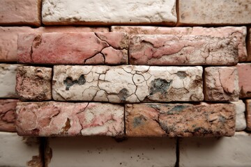 Poster - close-up of a weathered brick wall with a unique textured surface, showing signs of age and wear, in