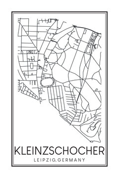 Hand drawn printable downtown road map poster of borough KLEINZSCHOCHER of the German city of LEIPZIG on solid white background with city name