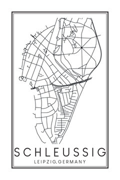 Hand drawn printable downtown road map poster of borough SCHLEUSSIG of the German city of LEIPZIG on solid white background with city name