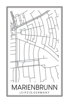 Hand drawn printable downtown road map poster of borough MARIENBRUNN of the German city of LEIPZIG on solid white background with city name
