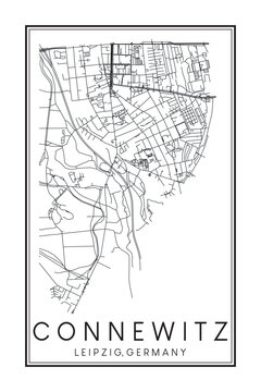 Hand drawn printable downtown road map poster of borough CONNEWITZ of the German city of LEIPZIG on solid white background with city name