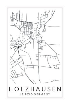 Hand drawn printable downtown road map poster of borough HOLZHAUSEN of the German city of LEIPZIG on solid white background with city name