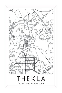 Hand drawn printable downtown road map poster of borough THEKLA of the German city of LEIPZIG on solid white background with city name