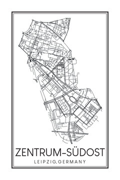 Hand drawn printable downtown road map poster of borough ZENTRUM-SÜDOST of the German city of LEIPZIG on solid white background with city name
