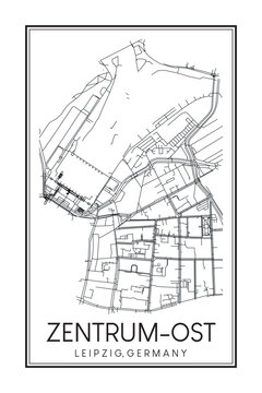 Hand drawn printable downtown road map poster of borough ZENTRUM-OST of the German city of LEIPZIG on solid white background with city name
