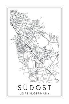Hand drawn printable downtown road map poster of borough SÜDOST of the German city of LEIPZIG on solid white background with city name