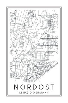 Hand drawn printable downtown road map poster of borough NORDOST of the German city of LEIPZIG on solid white background with city name