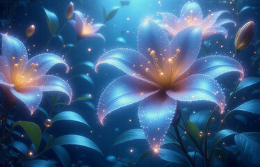 Canvas Print - luminous lilies bloom in a mystical, dark blue forest. glowing petals and sparkling dust create an e