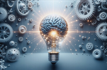 Poster - A brain-shaped lightbulb glows brightly, surrounded by gears and radiating light.  It symbolizes ideas, innovation, and the fusion of mind and technology.